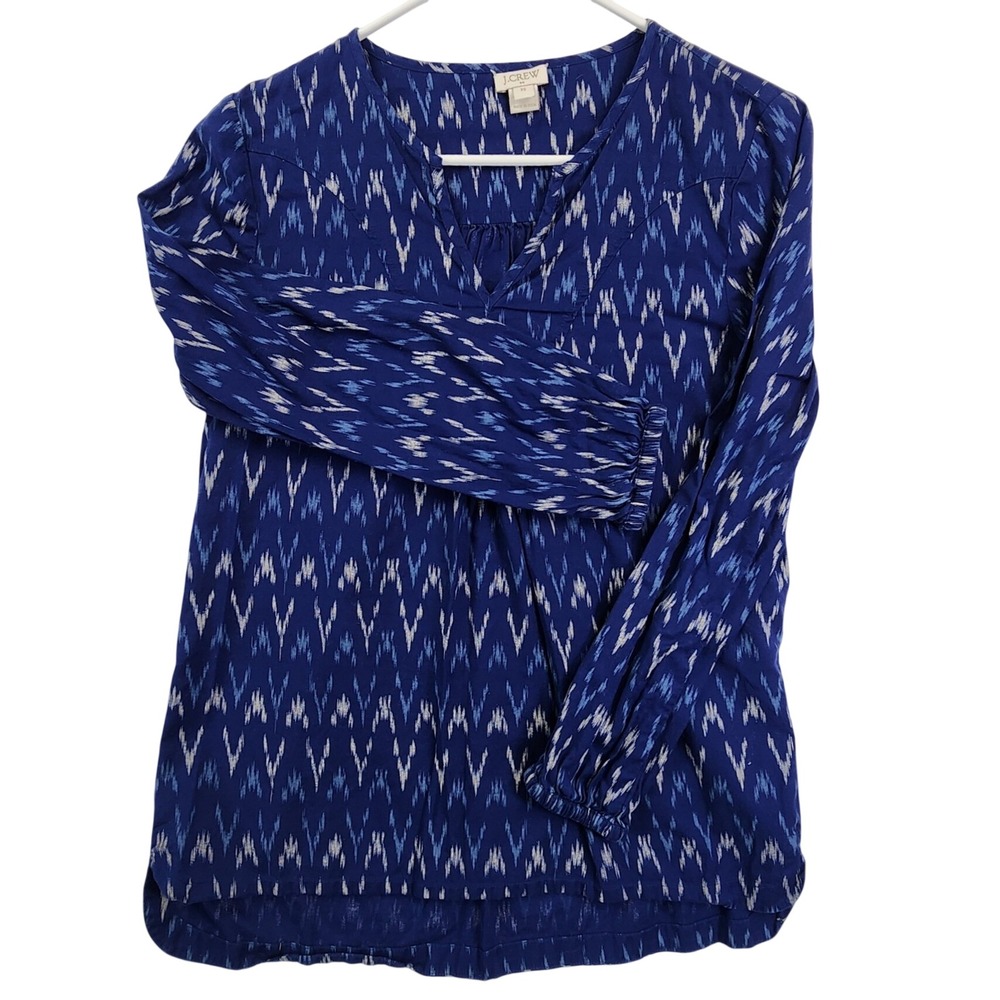 J.Crew Blue Ikat Split Neck Blouse Boho Coastal Preppy Cotton Long Sleeve Top XS